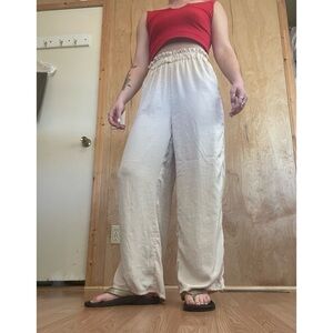 American Eagle Outfitters Cream Wide-Leg Elastic Waist Pants